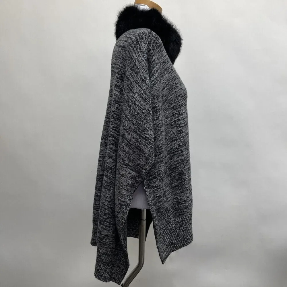 Stella + Lorenzo Poncho Sweater X-Small Small Black White Rabbit Fur Collar‎